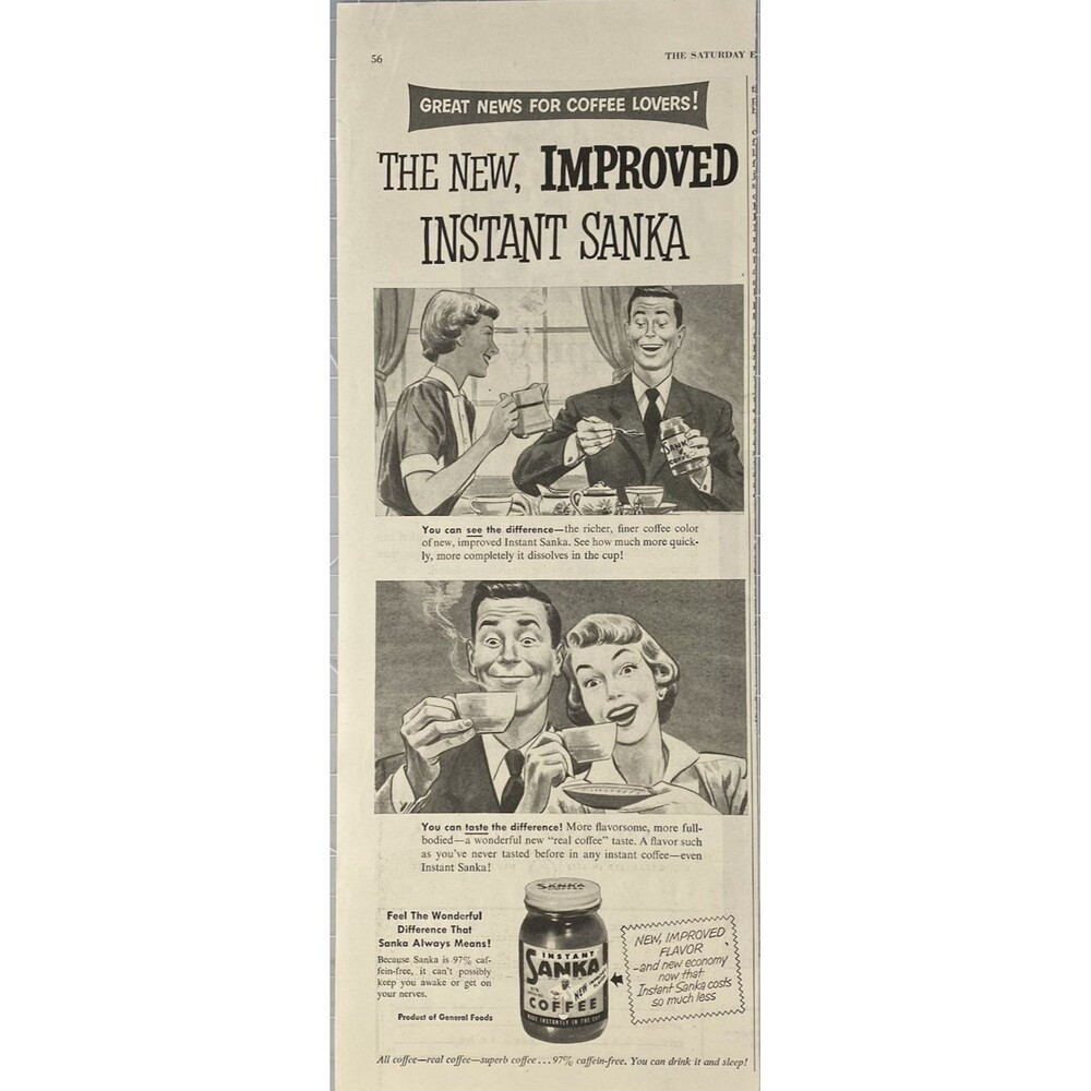 Sanka Instant Coffee "New Improved Instant Sanka" Vintage Print Ad 1950